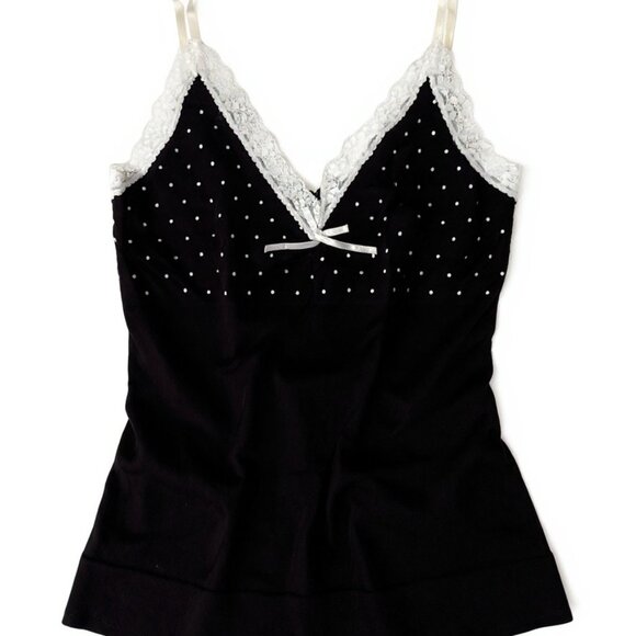 Biatta Intimates by 247 Frenzy Other - Women's Black V Neck Camisole with White Lace Trim and White Polka Dots
